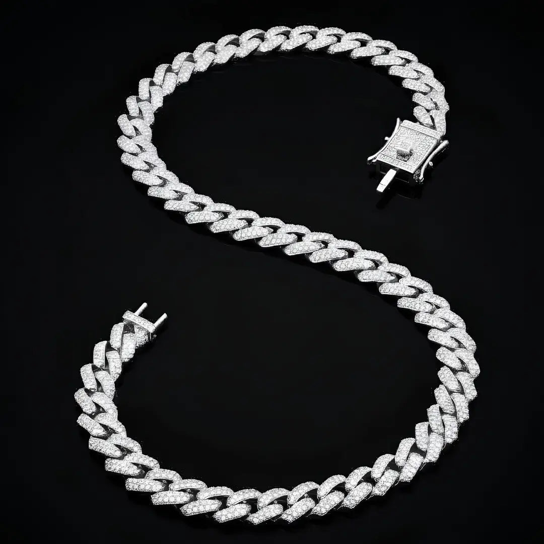 14mm Iced-Out Miami Cuban Link Chain for Men – 48cm Silver Pave Diamond Hip Hop Necklace with Secure Box Clasp